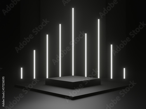 3D black geometric podium with white neon lights. Product mockup.