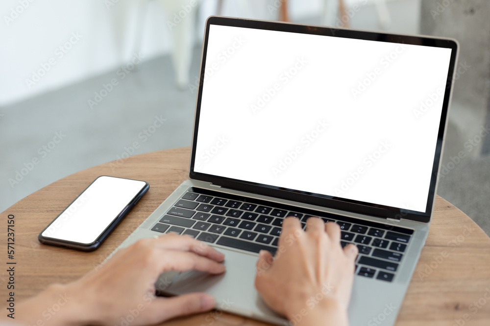 computer screen,cell phone blank mockup.hand woman work using laptop texting mobile.white background for advertising,contact business search information on desk in cafe.marketing,design