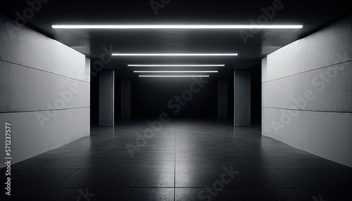 Elegant Big Hall Concrete Glossy Underground Showroom Garage Gallery Hallway Tunnel Corridor Studio White Lights Stripe Empty Dark Grunge. Generative AI