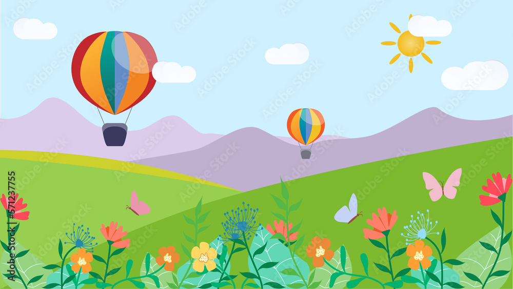 spring wallpaper with hot air balloons, flowers and butterflies