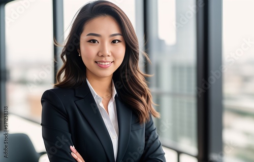 Portrait of Asian Business Woman Office Background, Generative AI