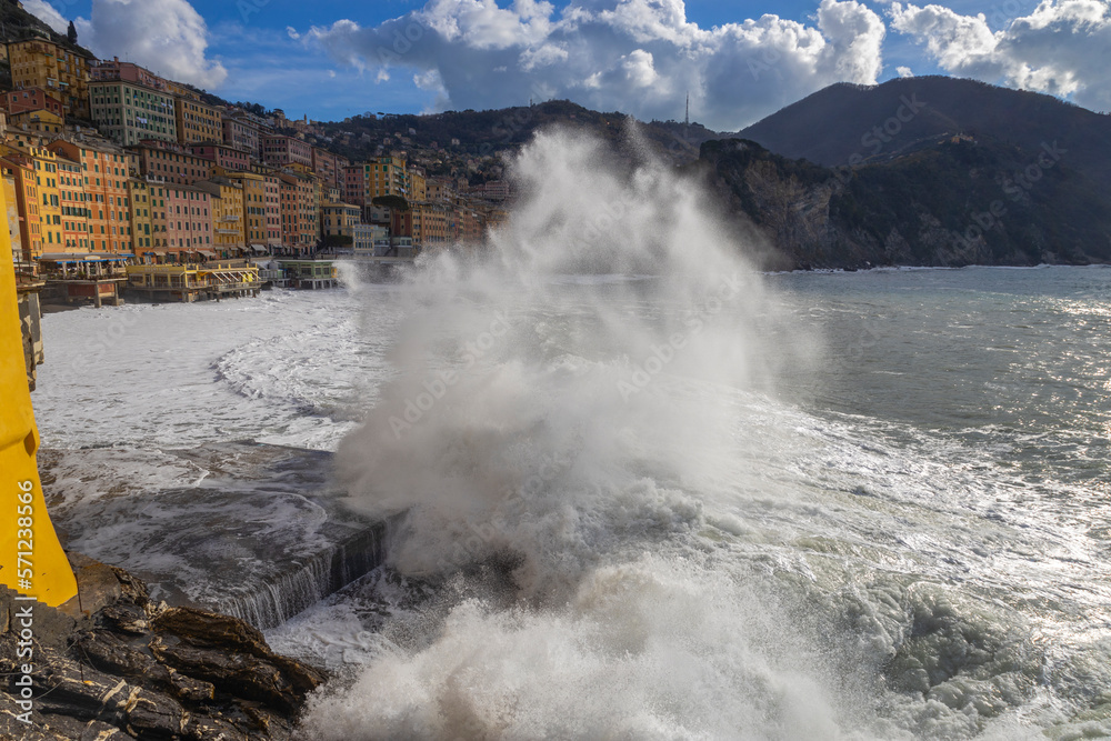 CAMOGLI, ITALY, JANUARY 18, 2023 - Rough sea with a big wave in the town of Camogli, Genoa province, Italy