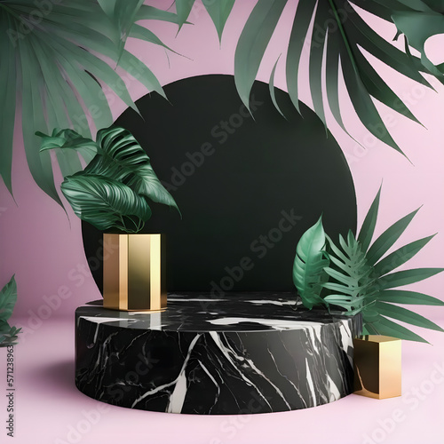 A luxurious mate white marble pink podium stage display mockup perfect for product presentation. Featuring a green tropical palm leaves illustration  it adds a touch of exotic glamour generative AI