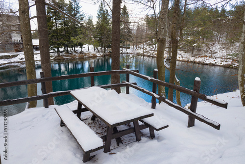 View of Lame lake in Aveto Valley in winter time with snow, in the hamlet of Rezzoaglio, province of Genoa, Italy.