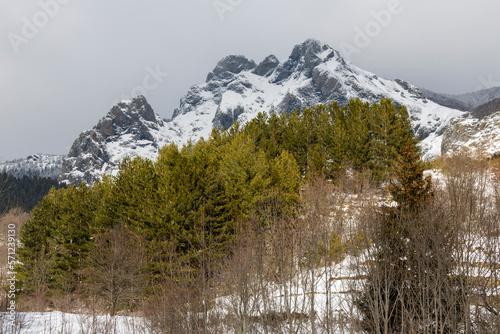 View of The Groppo Rosso mount covered with snow in winter time, Aveto Valley, province of Genoa, Italy.