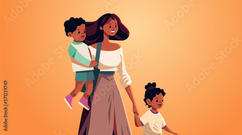 mother and little children walking together mom taking son and daughter to school or kindergarten motherhood happy family