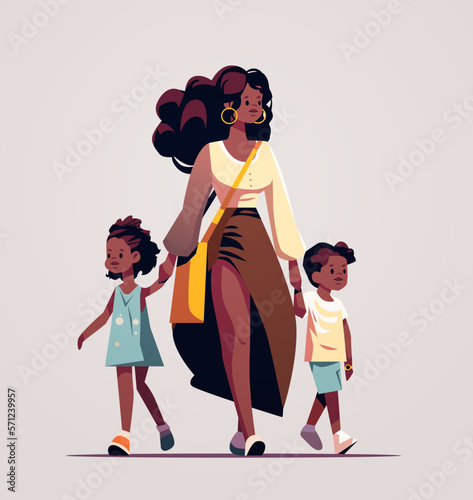 mother and little children walking together mom taking son and daughter to school or kindergarten motherhood