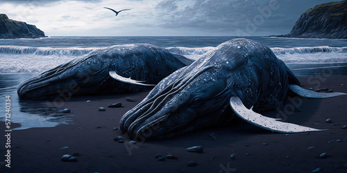 Dead humpback whales, beached. Generative AI