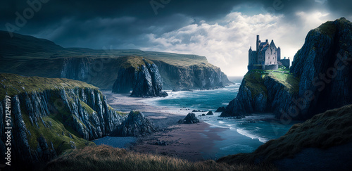 Ireland landscape, castle perched on cliffs, wide, panorama. Generative AI