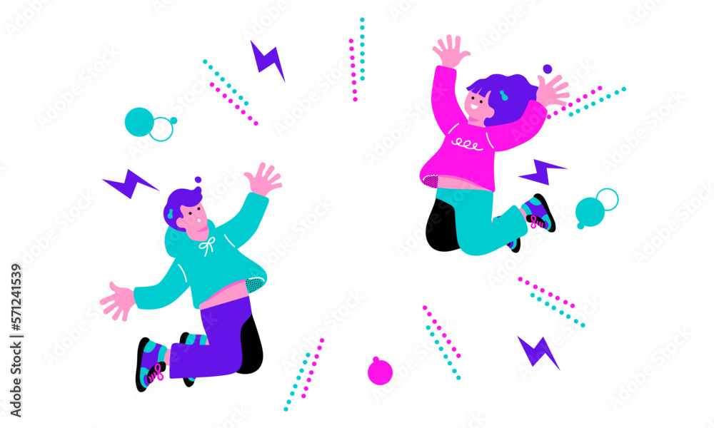 ポップなカラーの喜ぶ男女のイラスト