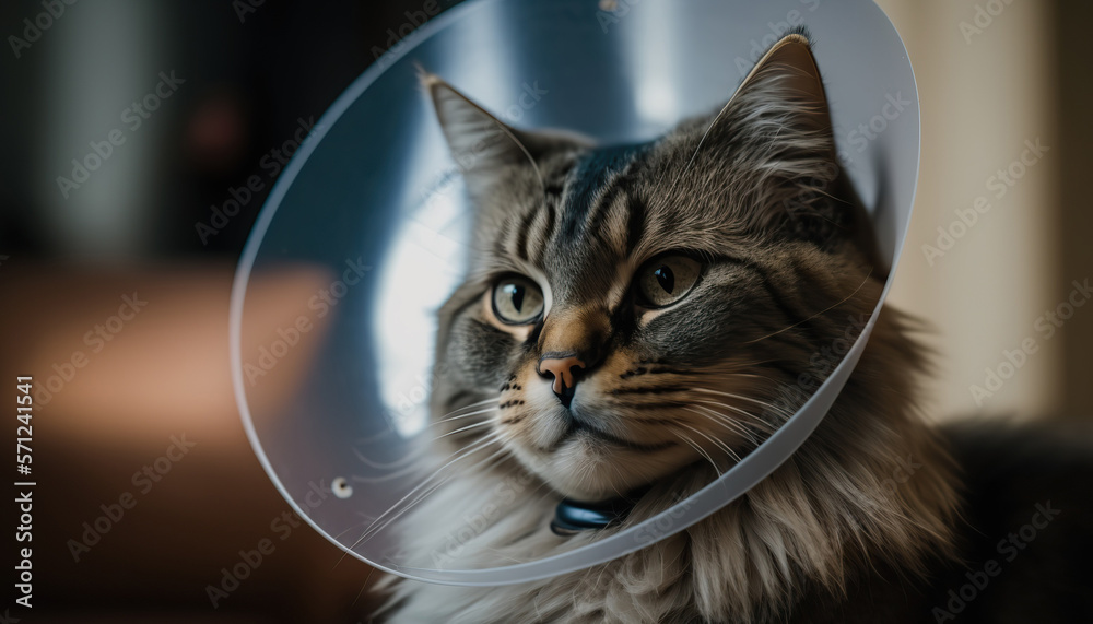Illustration of sad cat wearing Elizabethan collar, protective vet plastic cone. Domestic animals health care. AI generative image.