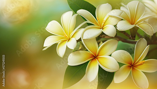 Beautiful closeup plumeria flowers. Floral border on horizontal banner with copy space. AI generative image.