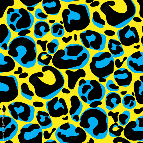 Vector large leopard pattern  seamless background  classic print. Abstract skin of a wild cat. Fashion. Spots. Bright uneven spots of different shades. Printing on paper and textiles. Yellow  Blue