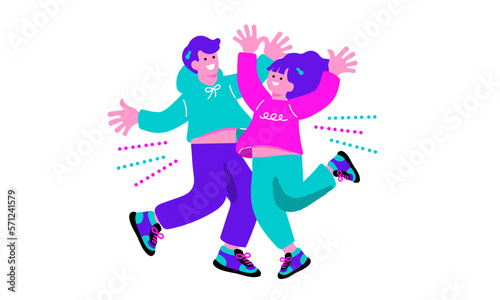 ポップなカラーの喜ぶ男女のイラスト