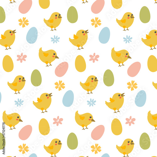 Vector seamless simple drawing with colored decorated eggs, chickens and flowers. Easter festive white background for printing on fabric and paper, scrapbooking paper, gift wrapping and wallpaper.