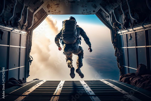 Fotografia Airborne soldier jumping out of plane. Generative AI