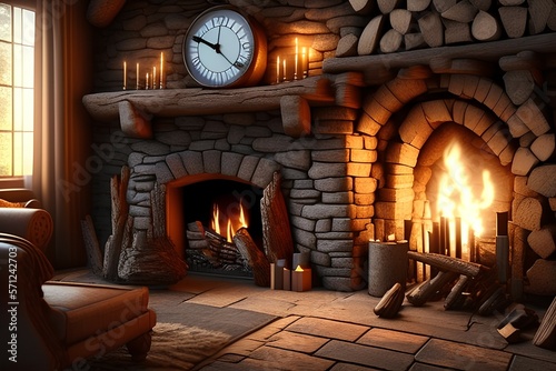 A cozy fireplace with burning logs, wooden mantel, stone walls, stone floor, two candlesticks and vintage clock - generative ai