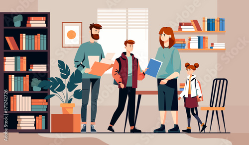 parents help children with lessons happy family doing homework teaching at home education concept