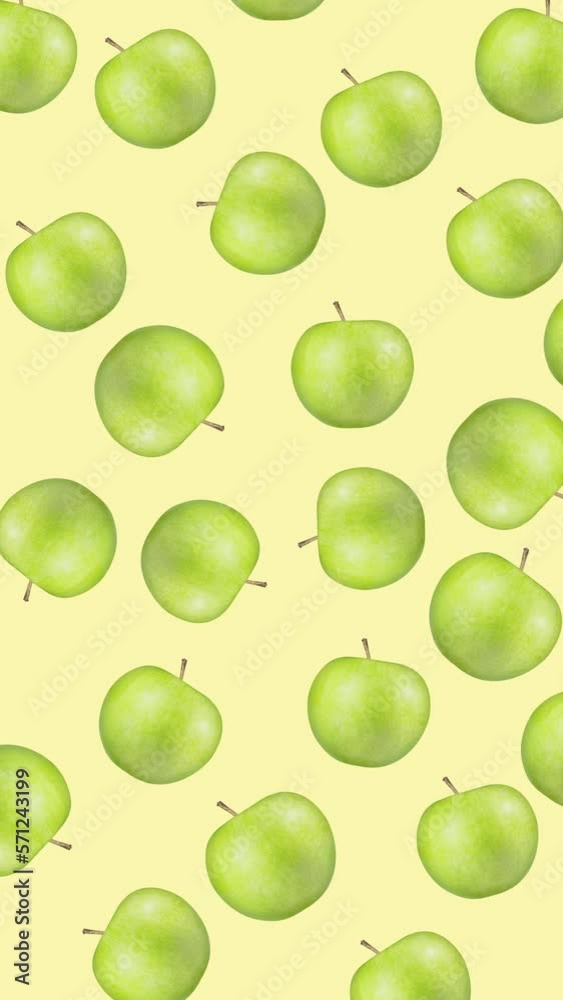 Minimal motion design - Green apple wiggle at yellow color background. Trendy colors and style graphics. Vertical eamless looping animation. Minimal motion design - Green apple wiggle at yellow color background. Trendy colors and style graphics. Vertical eamless looping animation.
