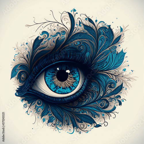 Hand drawing of beautiful blue eye with swirls, generative ai.