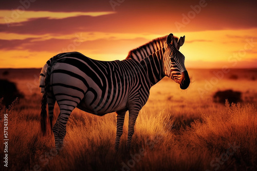 Zebras in the African savanna against a beautiful sunset.Generative AI.