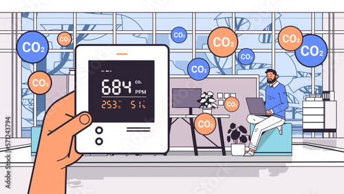hand holding air quality monitor test on the presence of dangerous CO2 control level testing with indoor carbon dioxide detector