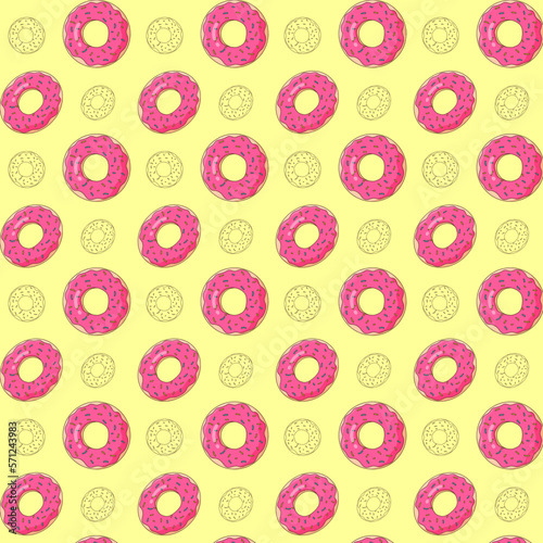 Delicious pattern of donuts with pink glaze and colored sprinkles on a yellow background. Dessert vector illustration design. Background