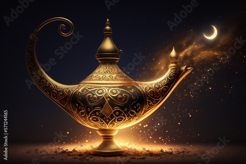 Golden magic aladdin lamp on the night sky. Generative AI.