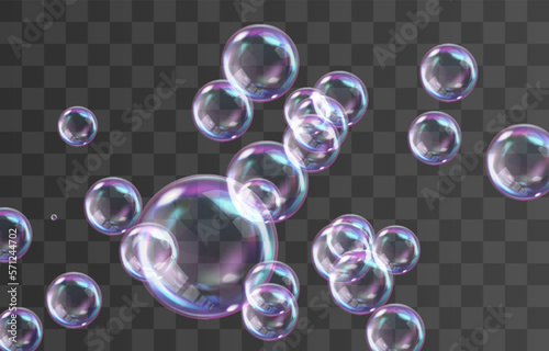 Vector realistic soap bubbles with rainbow reflection isolated on png background. Transparent colorful soap bubbles. Vector design element