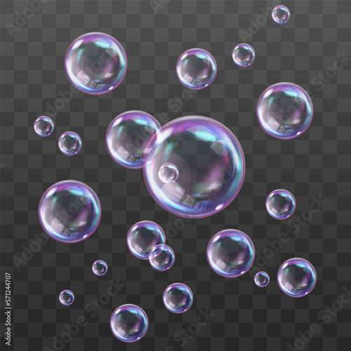 Vector realistic soap bubbles with rainbow reflection isolated on png background. Transparent colorful soap bubbles. Vector design element