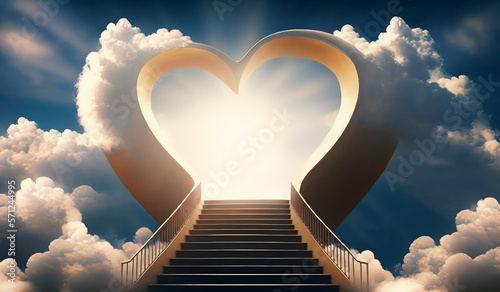 Stairway to Heaven. Stairs in sky concept with sun and clouds. Heart shaped sky at sunset. Love background with copy space. Generative ai
