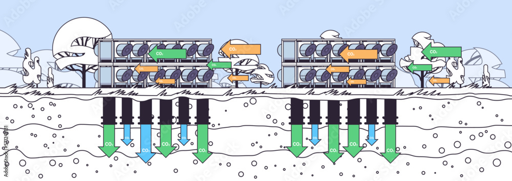 Fototapeta premium Decarbonization carbon dioxide capture and storage separating atmosphere fan and filter pure CO2 save planet