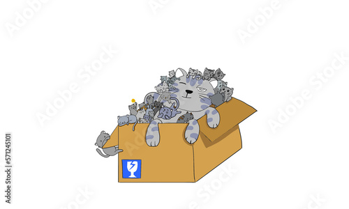 Photography house cute and adorable kittens and their mother playing in a cardboard box