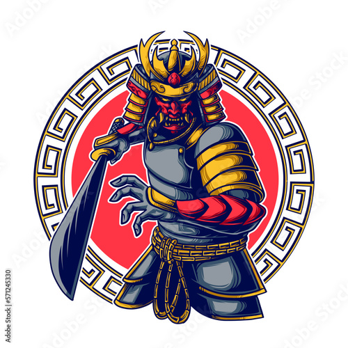 japanese samurai warrior holding katana sword in fighting pose. vector illustration
