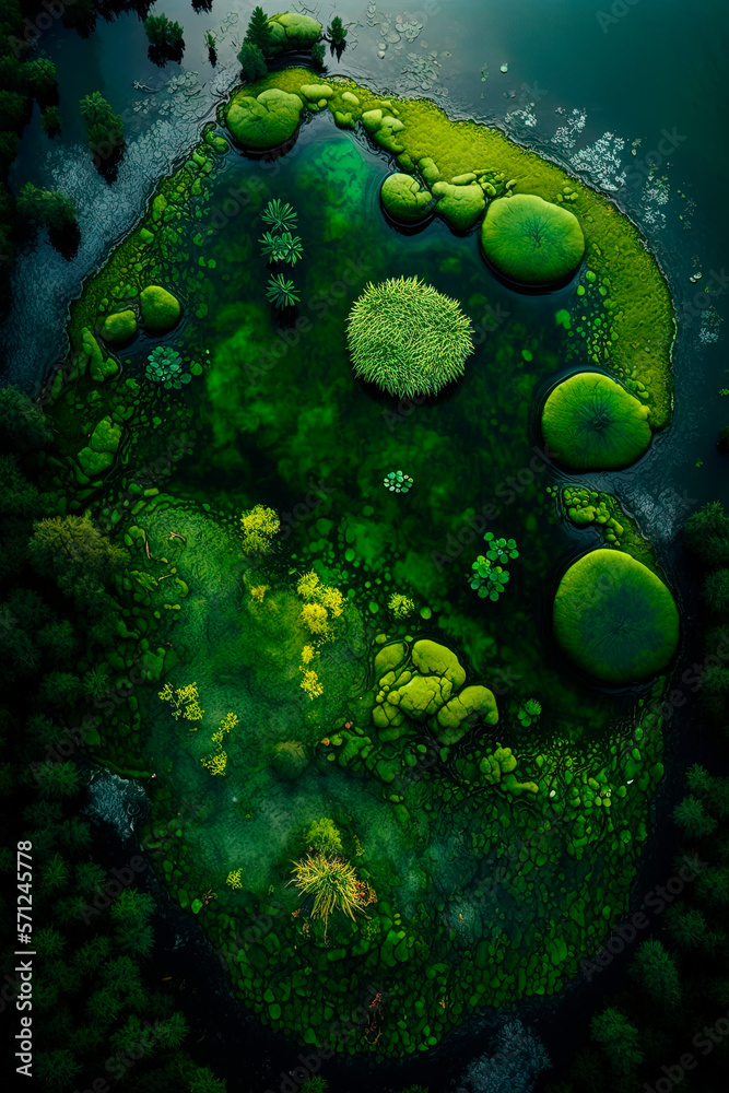 Fototapeta premium A view from above to the very huge pond, which contains algae and living organisms. Generative AI