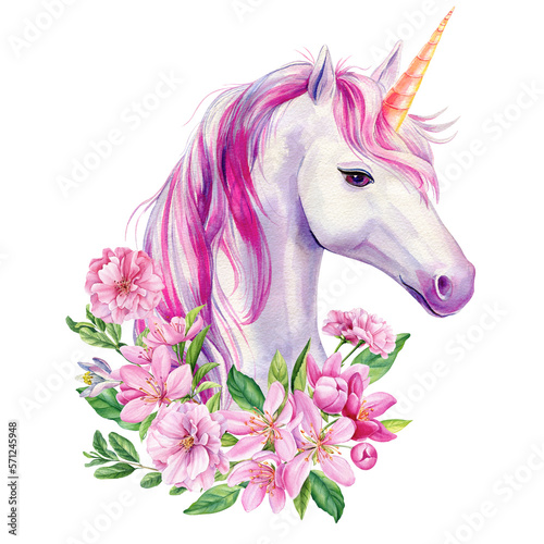 Cute Unicorn with flowers  watercolor animal  floral boho illustration  pink flora