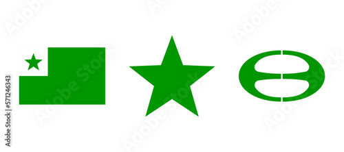 Esperanto symbols set. Constructed international auxiliary language. Green star, flag and Esperanto Jubilee symbol. One who hopes unique artificial language. photo