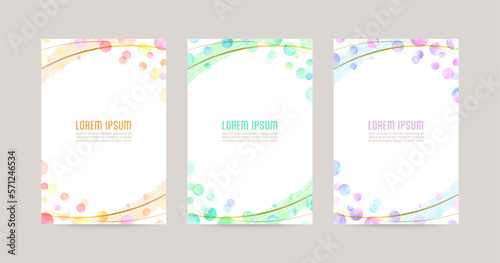 Vector card design template with colorful watercolor bubbles, gold lines