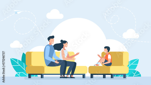 Education and training of a child. Happy family smiling sitting on a couch. Joyful parents and children spending time together at home. Parents raise and teach their son. Vector flat illustration