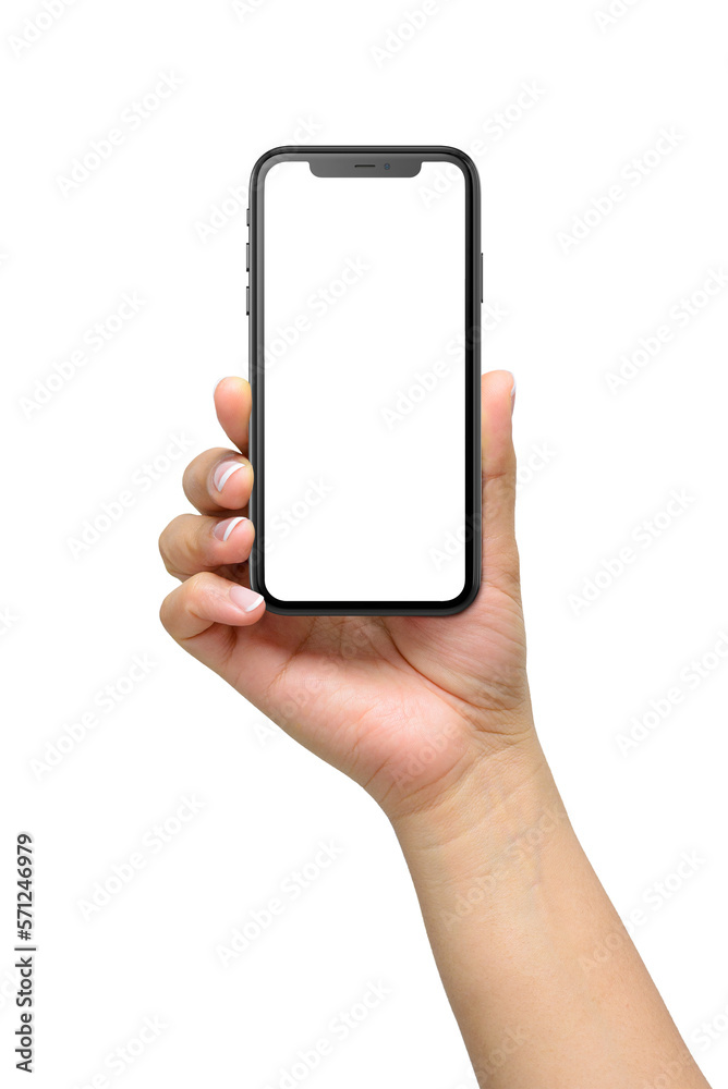 Mockup of female hand holding a black smartphone with blank screen isolated  on a transparent background.