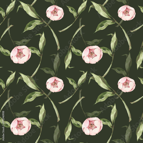 Watercolor seamless pattern. Floral print of peony flowers, green branches, spring blossom. Ideal spring, summer pattern for wedding invitations, mother's day cards paper packeging on dark background photo