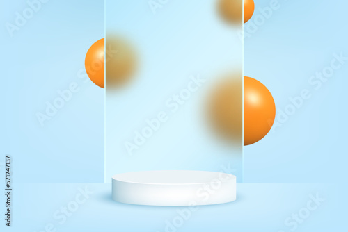 Blue round podium with transparent glass and a background with orange spheres. Abstract vector rendering of a 3D shape for displaying promotional products.