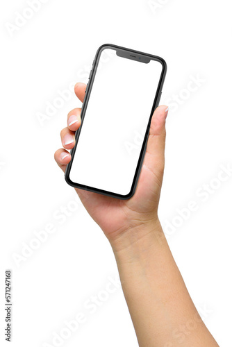 Mockup of female hand holding a black smartphone with blank screen isolated  on a transparent background.