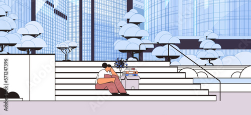 depressed businesswoman in despair sitting on stairs dismissed business woman with things unemployment crisis