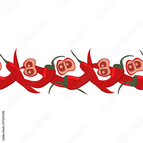 Seamless border with red chili pepper on a white background. Vector flat background.