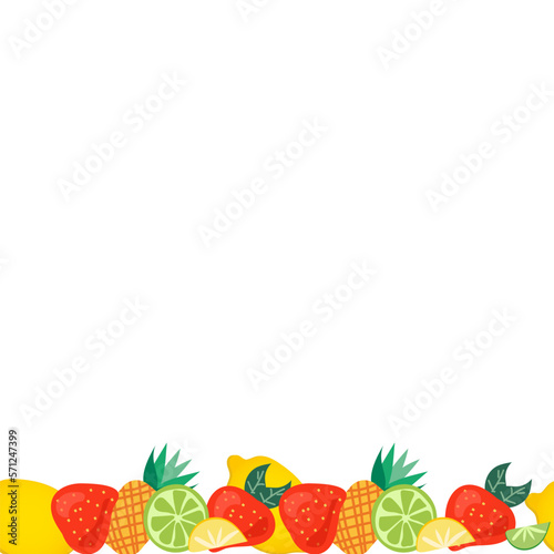 Border with colorful fruit pattern on white background. Trendy textile design. Decorative textile seamless pattern. Flat vector illustration.