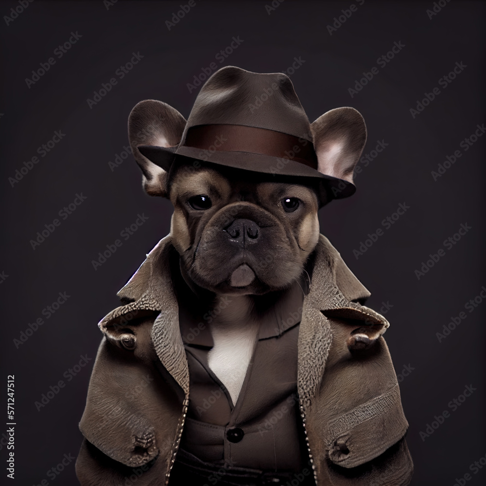 adorable ai generated French bulldog, dressed as a classic 1940's detective  in a suit and tie Illustration Stock | Adobe Stock