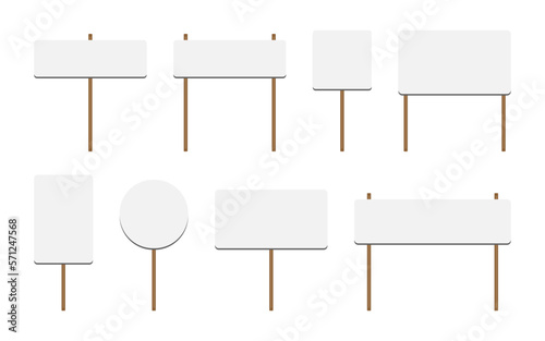 Vector illustration of picket sign, demonstration banner, set of protest placard. Flat empty boards with wood sticks, protest sign template. Blank demonstration banners set. Vector picket banner frame