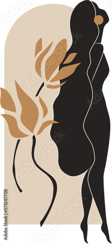 Gold and black feminine wall art. Artistic drawing of a silhouette in a mystical and abstract form. Abstract body art design for print, cover, wallpaper, minimal wall art.