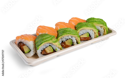 maki sushi tray with salmon and avocado isolated on white background